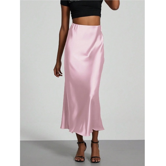 Pink Satin A-Line Skirt High Waisted Long - Picture 8 of 10
